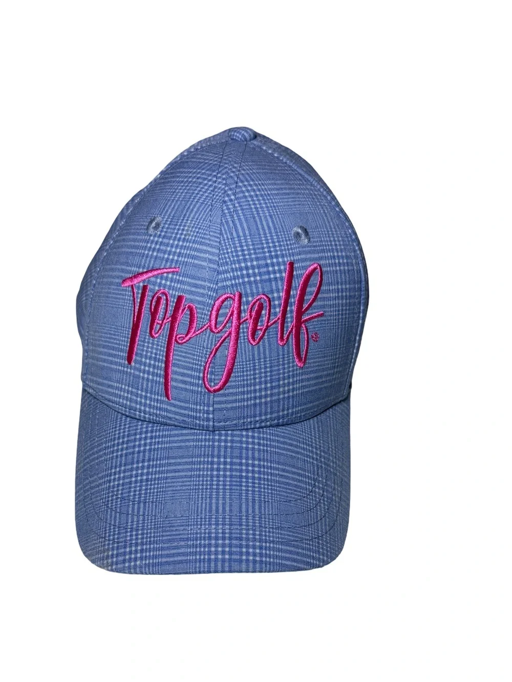 Topgolf Blue Plaid Cap with Pink Script Logo